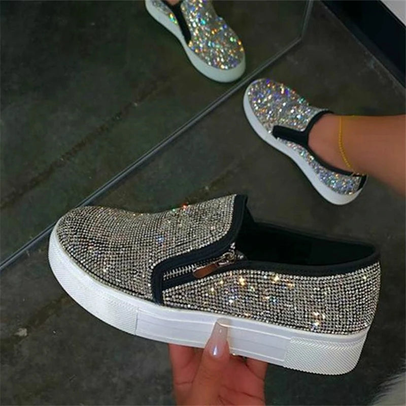 Women Flat Casual Single Shoes Fashion  Rhinestone Bling Sewing Platform Loafer Luxury Shoes Casual Comfortable Female Shoes