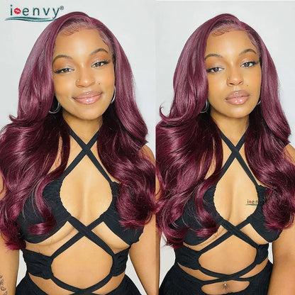 13X4 Hd Transparent Lace Front Wigs Burgundy Red Human Hair Wigs Pre Plucked 30 Inches Body Wave Lace Front Wigs For Women Curly