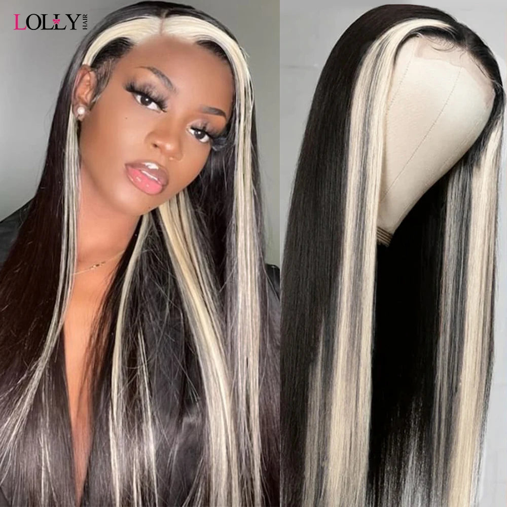 1B/613 Skunk Stripe Human Hair Wig 32 Inch Straight Lace Front Wig 13x4 Ombre Colored Lace Front Human Hair Wigs For Women