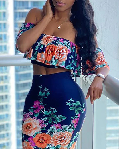 Women Dress Sets Off Shoulder Floral Print Ruffles Top & Skirt Set Casual Look for Women