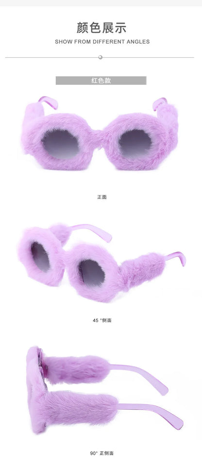 UV400 Luxury Designer Sunglass Round Frame Plush Sunglasses for Women's PC Cute Plush Suneyewear UV Resistant Sun Glasses