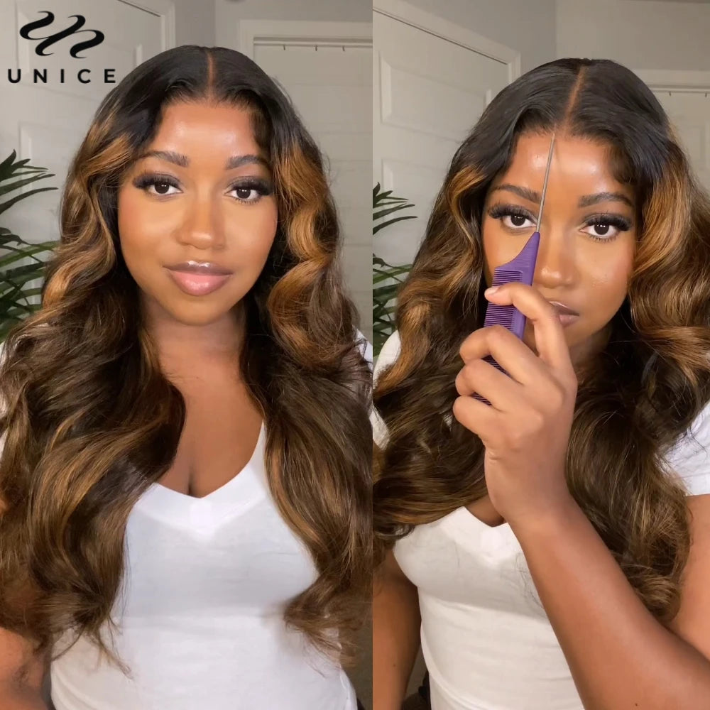 UNice Hair 7x5 Bye Bye Knots Wear Go Glueless Wig Brown Balayage Body Wave Wig Pre Cut Pre Bleached Human Hair Lace Wig 150%