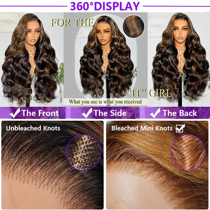 1B/30 Body Wave Highlight Wig Human Hair 30 Inch 13x4 HD Lace Frontal Wig 180 Density Natural Brazilian Hair Wig For Black Women