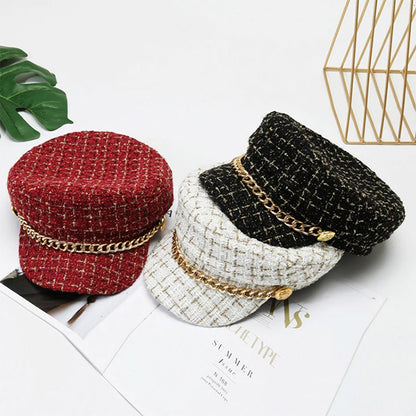 Pearl Chain Flat Top Navy Hat Fashion Beret Newsboy Caps Berret Woman Octagonal Hats Women's Designer Apparel boinas clasicas