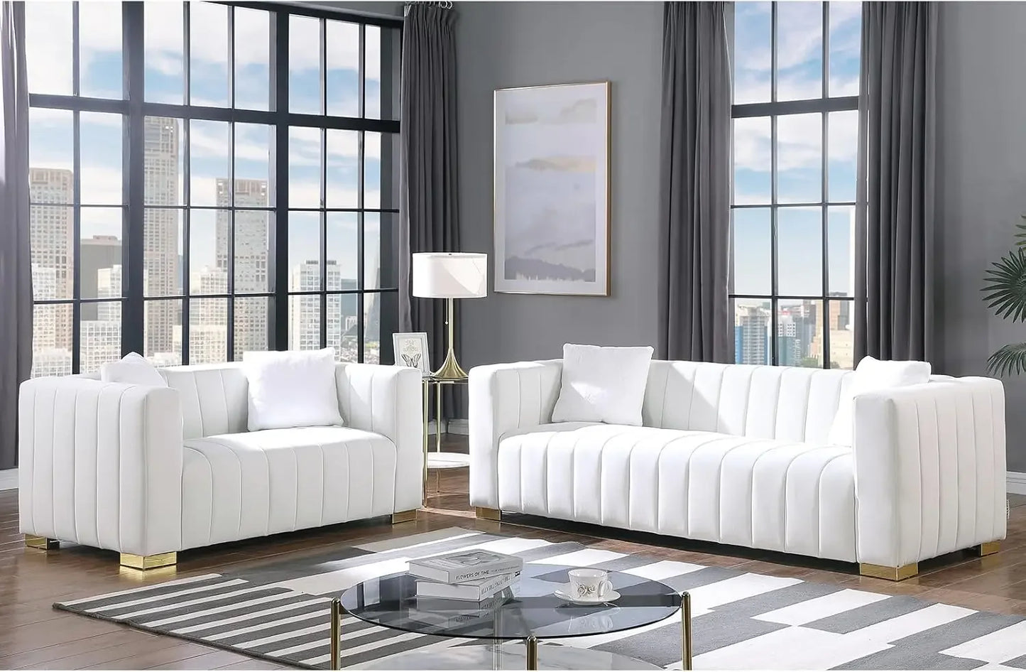 2 Piece Living Room Furniture Set, Including Loveseat and 3-Seater Sofa Couch with Channel Tufted Velvet Fabric, 4 Pillows for