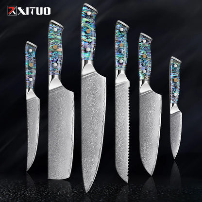 XITUO 67 Layer Damascus Steel Kitchen Knives Set Abalone Handle Sharp Santoku Bread Boning Knife Practical Kitchen Cutting Tools