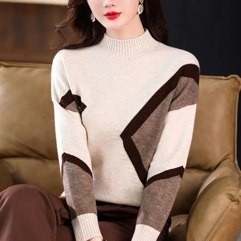 Velvet and Thickened Women's Top 2024 New Autumn/Winter Korean Edition Color Block Knitted Half High Neck Sweater