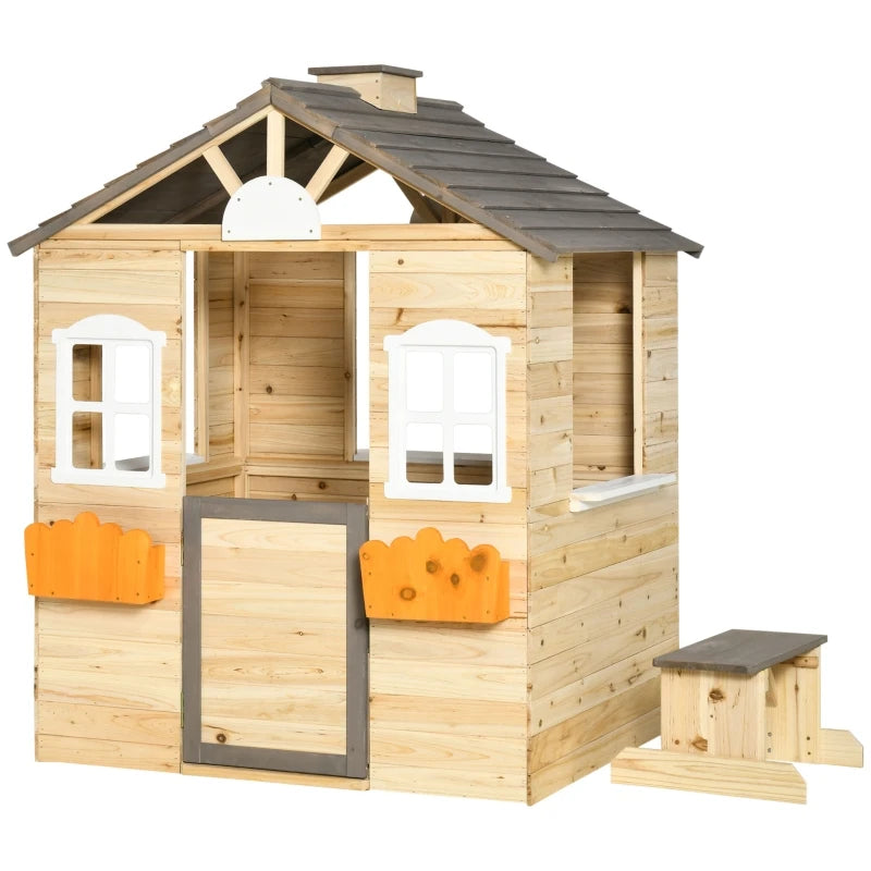 Wooden Kids Playhouse, Adventures Cottage, with Working Door, Windows, Bench, Service Station, Flowers Pot Holder