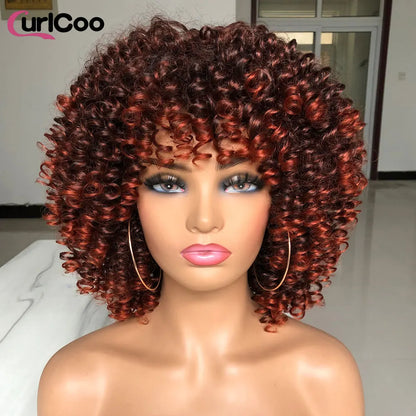 Short Afro Kinky Curly Wigs With Bangs For Black Women Synthetic Ombre Natural Heat Resistant Hair Brown Cosplay Highlight Wigs