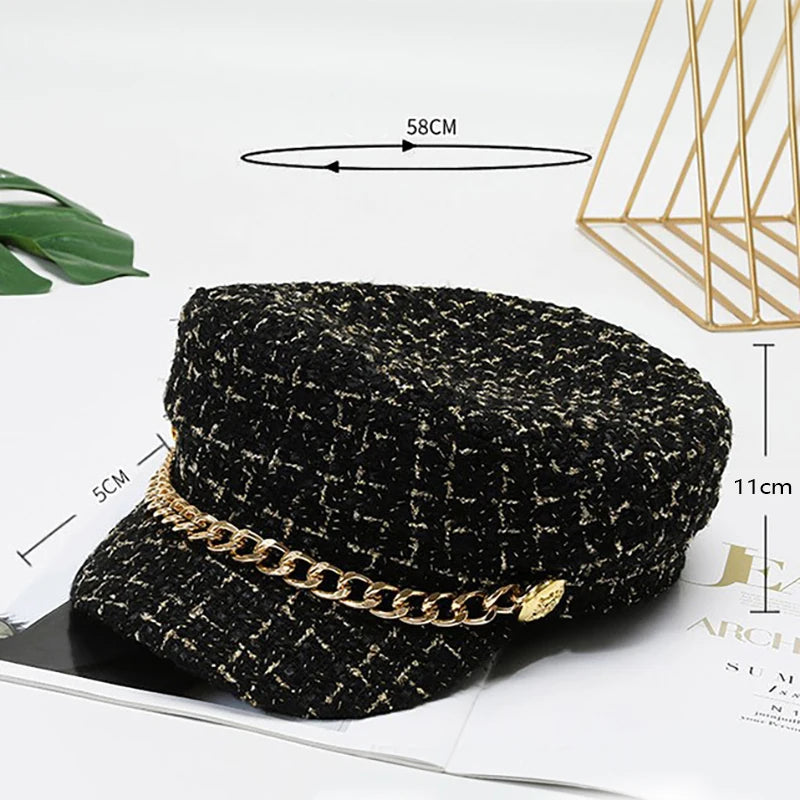 Pearl Chain Flat Top Navy Hat Fashion Beret Newsboy Caps Berret Woman Octagonal Hats Women's Designer Apparel boinas clasicas