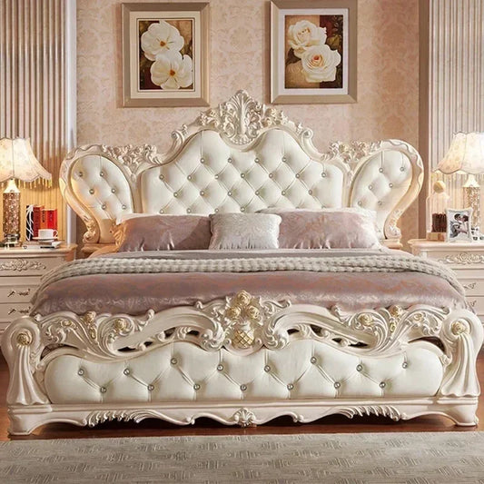 Vintage Nordic Luxury Bed Master Queen King Modern Regale Bed Wood Bedroom Leather Antique Safe Cama Queen Size Trendy Furniture