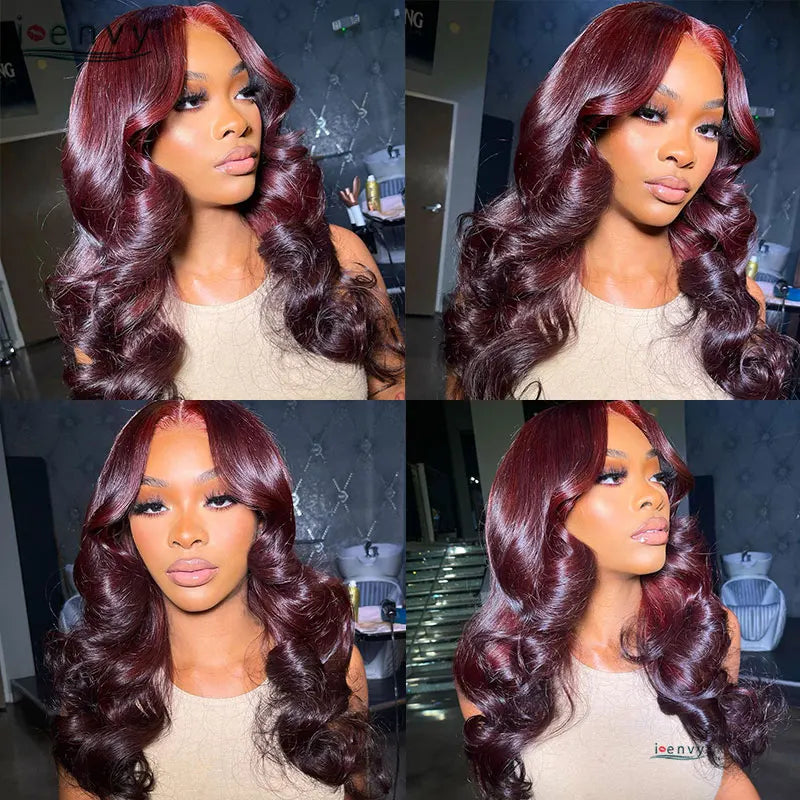 13X4 Hd Transparent Lace Front Wigs Burgundy Red Human Hair Wigs Pre Plucked 30 Inches Body Wave Lace Front Wigs For Women Curly