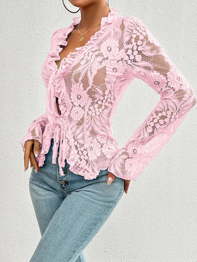 Women's Summer Long Sleeve Lace See-through Sexy Blouse,Shirts & Blouses,Women Clothing,Womens Tops And Blouses,Tops For Women