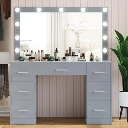 Vanity Desk, Lighted Mirror, 3 Color Lighting Modes, Dressing Table with Drawers, Bedroom Vanity Table Set for Women