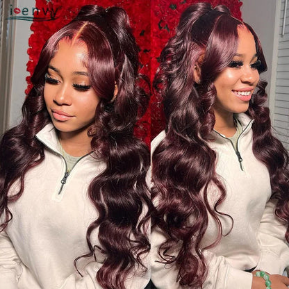 13X4 Hd Transparent Lace Front Wigs Burgundy Red Human Hair Wigs Pre Plucked 30 Inches Body Wave Lace Front Wigs For Women Curly