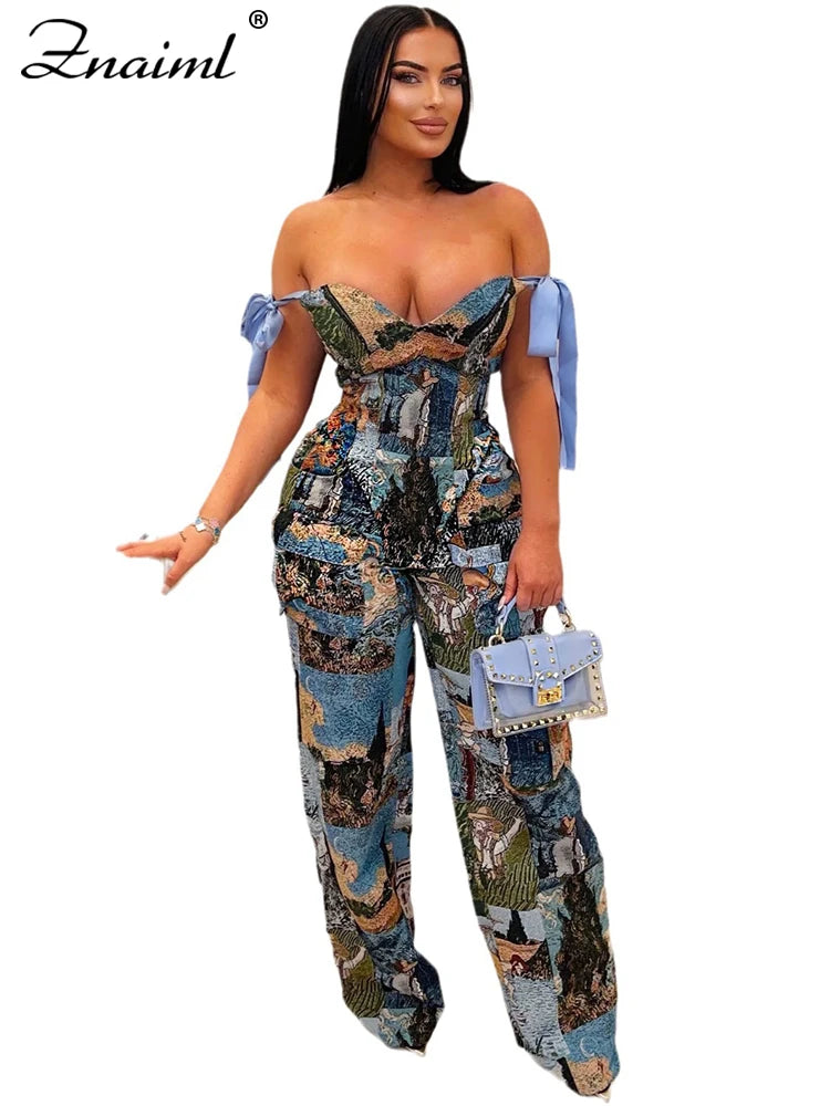 Znaiml New Print Off Shoulder Bandage Crop Tops and Wide Legs Cargo Pants Two Pieces Women Sets Workout Active Wear Club Outfits