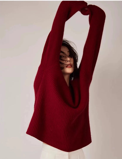 Turtleneck 100% cashmere sweater women loose thickening age reduction niche vintage red crewneck sweater women long sleeves