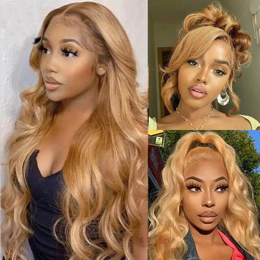 #27 Honey Blonde Human Hair Wigs 13X4 Transparent Lace Pre Plucked Body Wave Human Hair Lace Frontal Wig 200 Density 20-32 inch