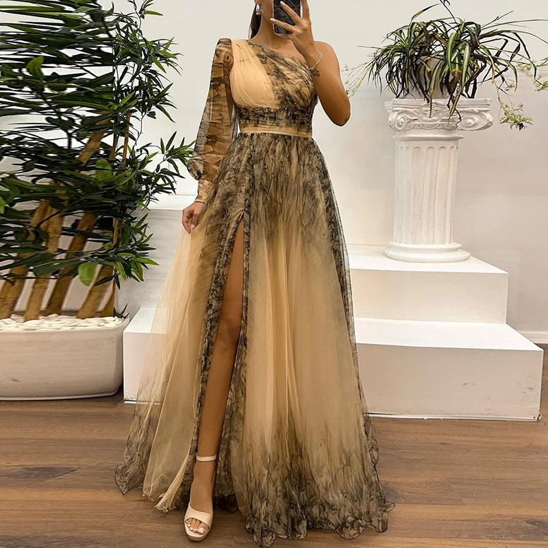 Vintage Pattern Printed High Waist Long Dress Sexy Asymmetric Mesh Evening Dress New One Shoulder Sleeve Pleats Bridesmaid Dress