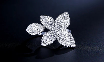 ZAKOL Luxury Sparkling Leaf Flower Micro-paved Zirconia Open Rings for Women Delicate Bridal Wedding Jewelry RP2034