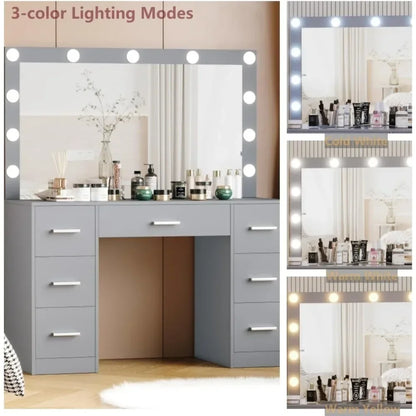 Vanity Desk, Lighted Mirror, 3 Color Lighting Modes, Dressing Table with Drawers, Bedroom Vanity Table Set for Women