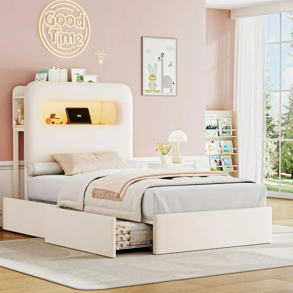 Twin LED Bed Frame , Kids Bed Frame with 2 Drawers and USB Ports, Velvet Upholstered Platform Bed Frame with Bookcase