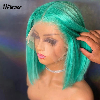 13x4 Mint Green Short Bob Lace Front Human Hair Wigs HD Transparent Straight Colored Frontal Wigs  Bob Wig For Women