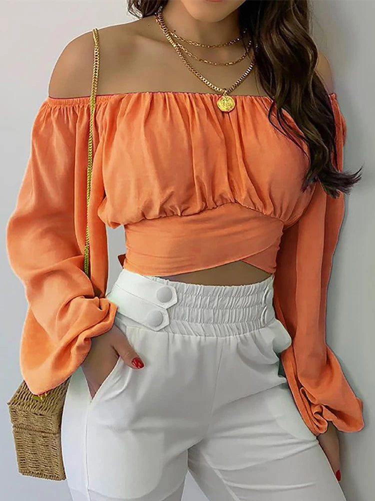 Women Elegant Boho Print Blouse Casual Long Lantern Sleeve Off Shoulder Slim Shirt Female Chic Cropped Top Summer Tunics