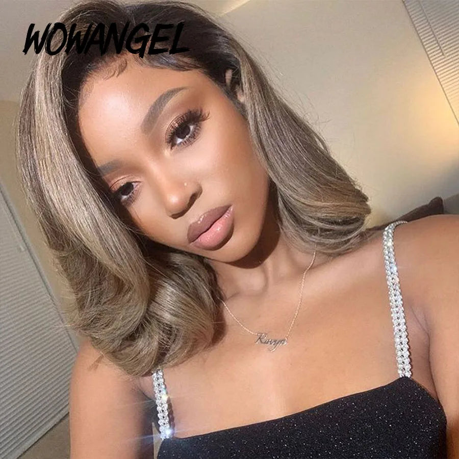 13X4 HD Lace Front Wigs Short Bob Wigs Ash Blonde Lace Front Wigs Dark Roots Colored Wig Wavy Body Wave Human Hair Wig For Woman