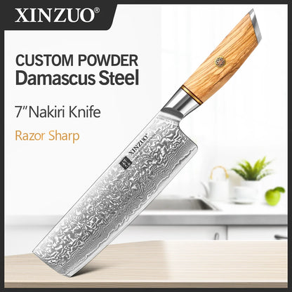 XINZUO 1-8pcs Kitchen Knife Set 73 Layers Custom Damascus Steel 15°±1 Per Side Steel Blade with Olive Wood Handle