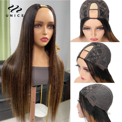 UNice Hair Brown Balayage U Part Wig Human Hair Highlight Straight Human Hair Wig Glueless Upart Wigs for Beginners 150% Density