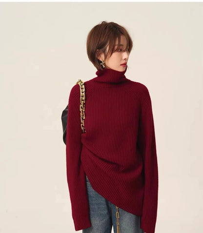 Turtleneck 100% cashmere sweater women loose thickening age reduction niche vintage red crewneck sweater women long sleeves