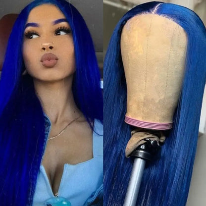 13x4 Front Lace Pre Extracted Hairline Clear Lace Wigs Jewel Blue Long Straight Brazilian Native Real Hair 180% Density Wigs