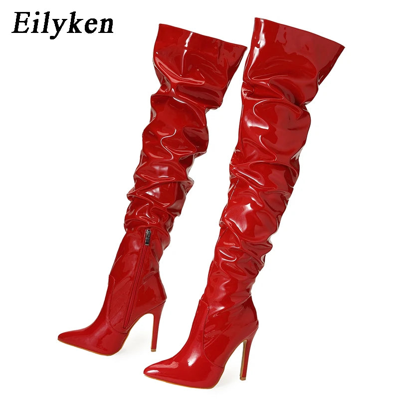 Eilyken Red Women Over The Knee Boots High Heels Patent Leather Solid Pointed Toe Stiletto Side Zipper Sapatos Femininos - MAGUSTA BEAUTY