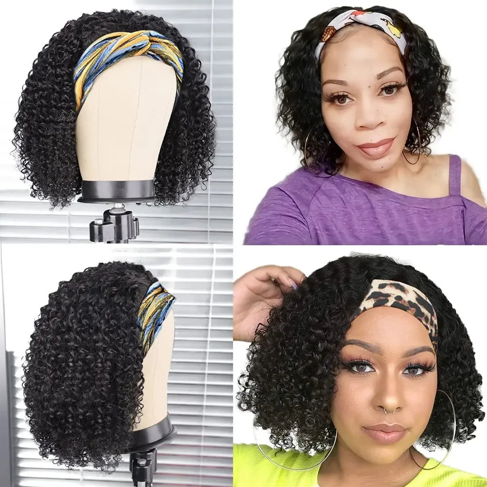 Water Wave Headband Wig Kinky Curly Human Hair Wigs For Women BrazilianFull Machine Made Remy Human Hair Wig Scarf Wig