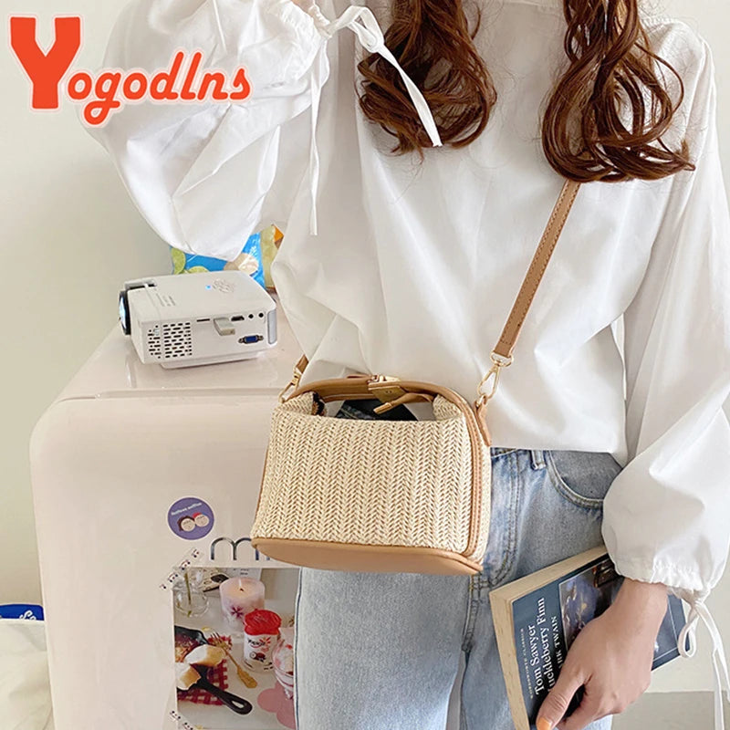 Yogodlns Summer Small Straw Handbag Trendy Shoulder Bag Woven Bucket Crossbody Bag Casual Seaside Beach Bag Gilrs Handle Tote