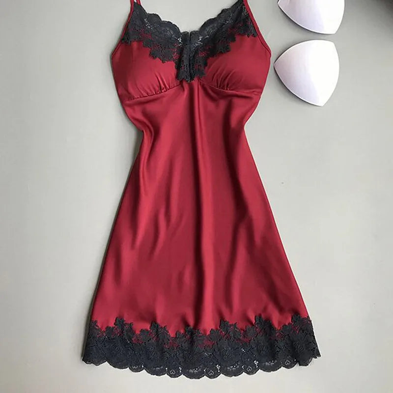 Women Sexy Lingerie Summer Silk Night Gown Lace Patchwork Mini Night Dress Spaghetti Strap Sleepwear Ladies With Chest Pads