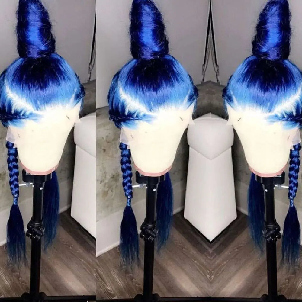 13x4 Front Lace Pre Extracted Hairline Clear Lace Wigs Jewel Blue Long Straight Brazilian Native Real Hair 180% Density Wigs