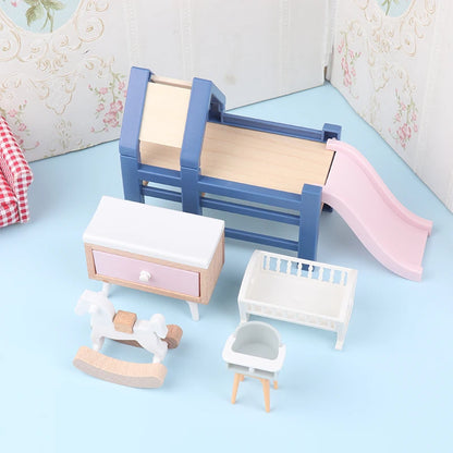 1/12 Dollhouse Mini Baby Slide/Trojan Horse/Table/ Dining Chair/Bed Model Furniture Accessories For Doll House Decor Kids Toys