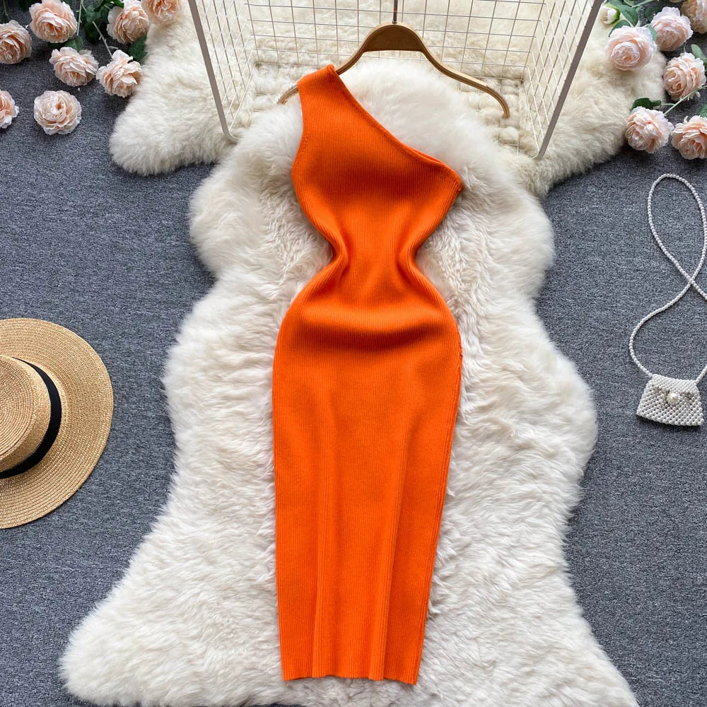 YuooMuoo Ins Fashion Sexy One Shoulder Knitted Bodycon Dress Lady Elastic Outfits Package Hips White Mini Dress Party Vestidos