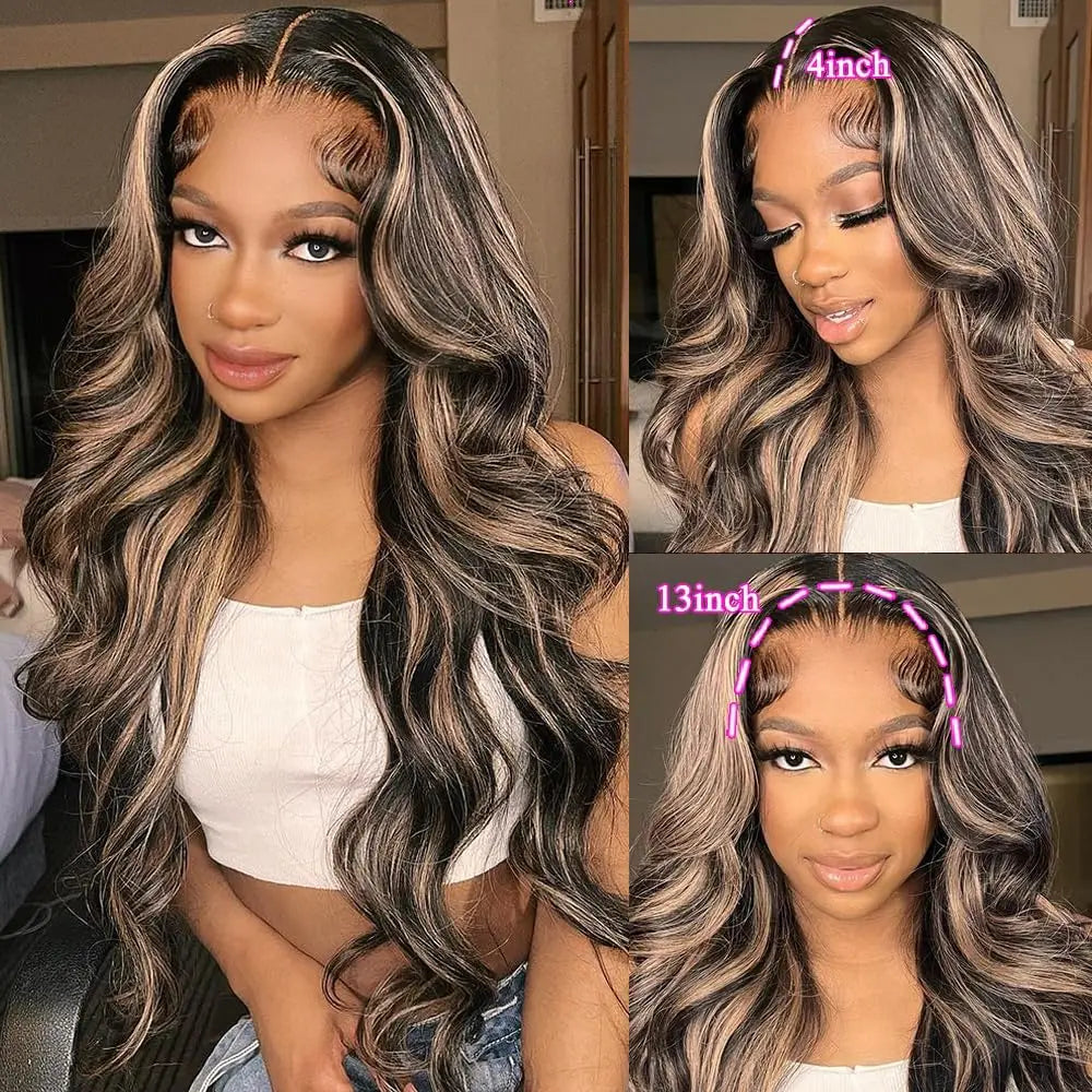 1B/30 Body Wave Highlight Wig Human Hair 30 Inch 13x4 HD Lace Frontal Wig 180 Density Natural Brazilian Hair Wig For Black Women