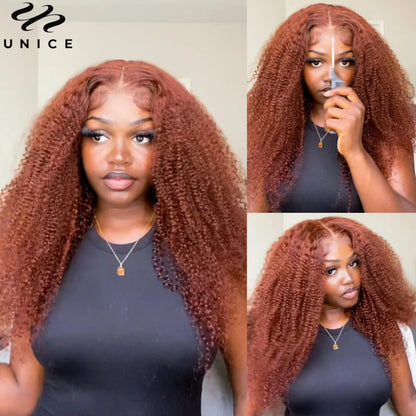 UNICE Hair Bye Bye Knots 7x5 Lace Wig Human Hair Reddish Brown Kinky Curly Wigs Pre Cut Pre Bleached Glueless Wig Ready To Wear