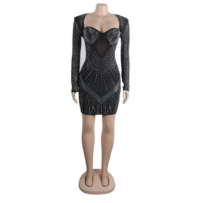 Women Sexy Sheer Mesh Rhinestone Decor Long Sleeve Skinny Party Dress