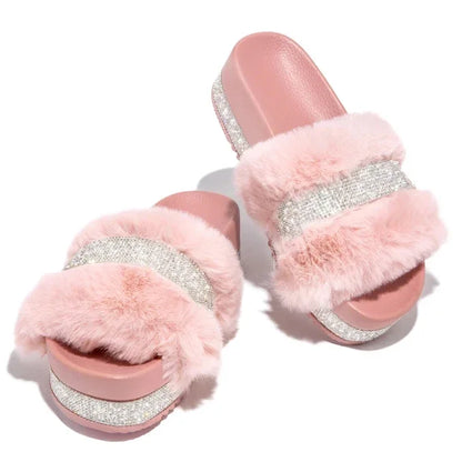 Women Fur Rhinestone Slippers Platform Wedges Without Heel Fluffy Furry Slides Flat Flip Flops Shoes Ladies Shiny Bling