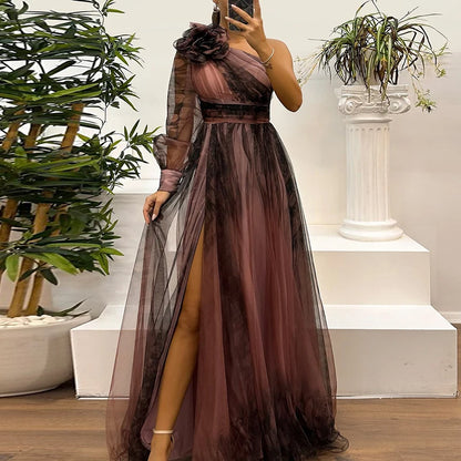 Vintage Pattern Printed High Waist Long Dress Sexy Asymmetric Mesh Evening Dress New One Shoulder Sleeve Pleats Bridesmaid Dress