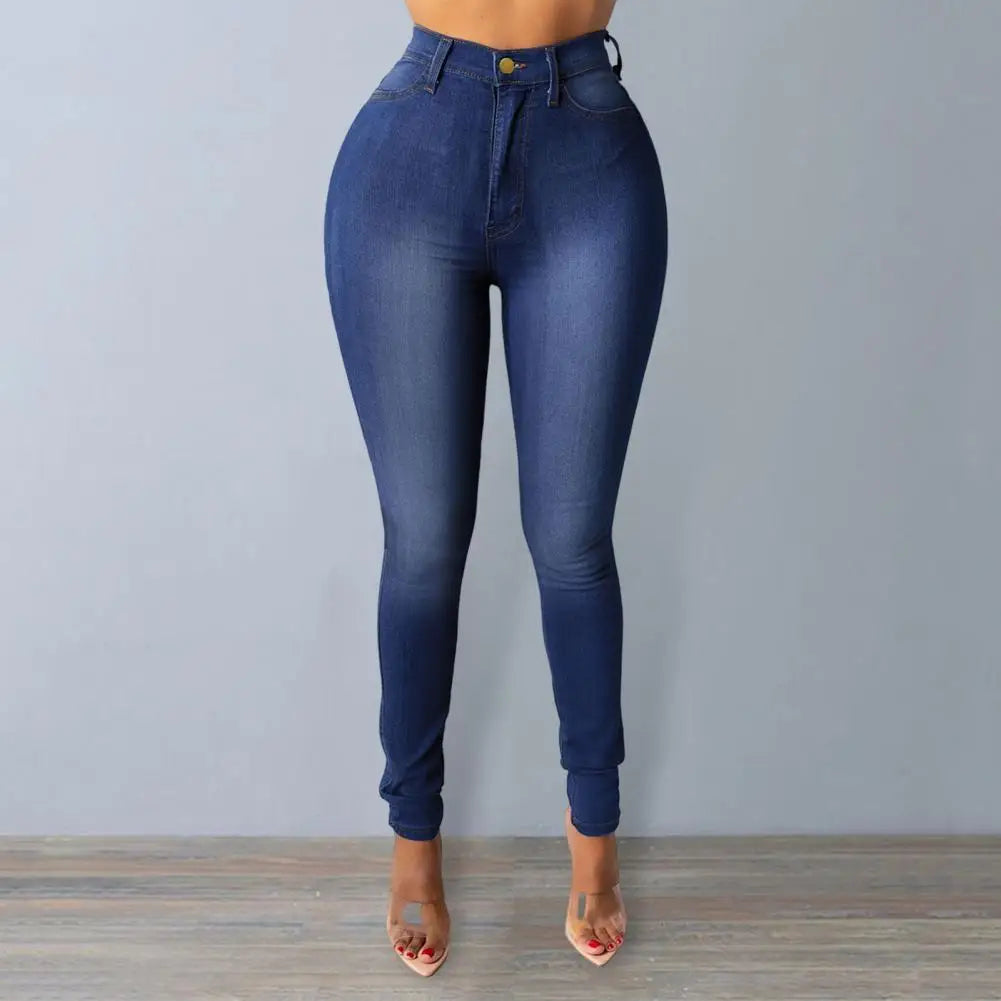 Women Jeans High Waist Women's Skinny Fit Washed Jeans with Zipper Button Fly Pockets Solid Color Denim Pencil for Streetwear