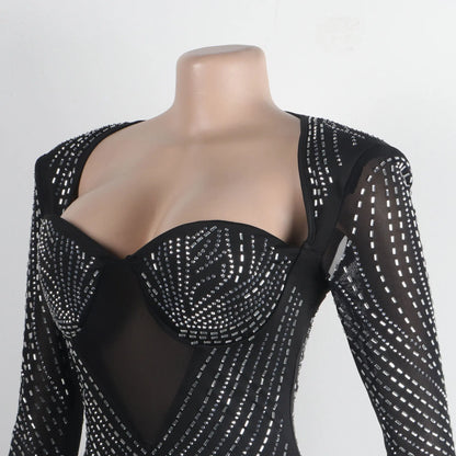 Women Sexy Sheer Mesh Rhinestone Decor Long Sleeve Skinny Party Dress