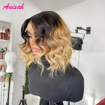 Two Tone Ombre Honey Blonde Colored Short Bob Human Hair Wigs Wavy Raw Indian Human Hair Lace Front Wig