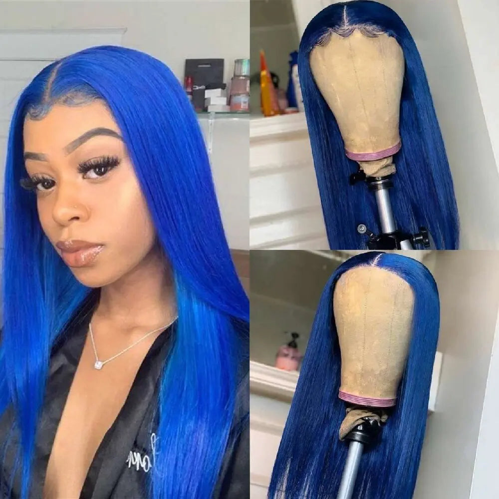 13x4 Front Lace Pre Extracted Hairline Clear Lace Wigs Jewel Blue Long Straight Brazilian Native Real Hair 180% Density Wigs