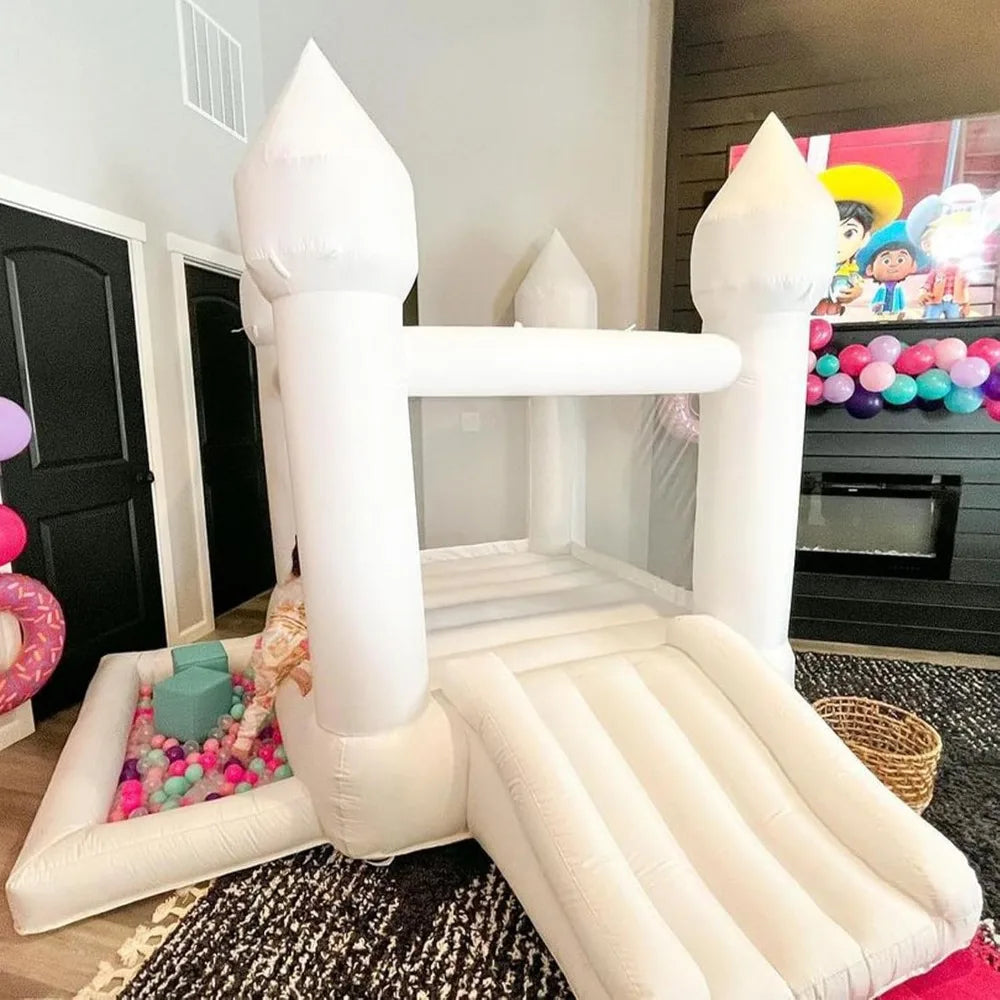 White Bounce House for Kid with Slide Ball Pit Blower Oxford White Castle 108 x108 x 84 inch Kid Birthday Party Playhouse Gift